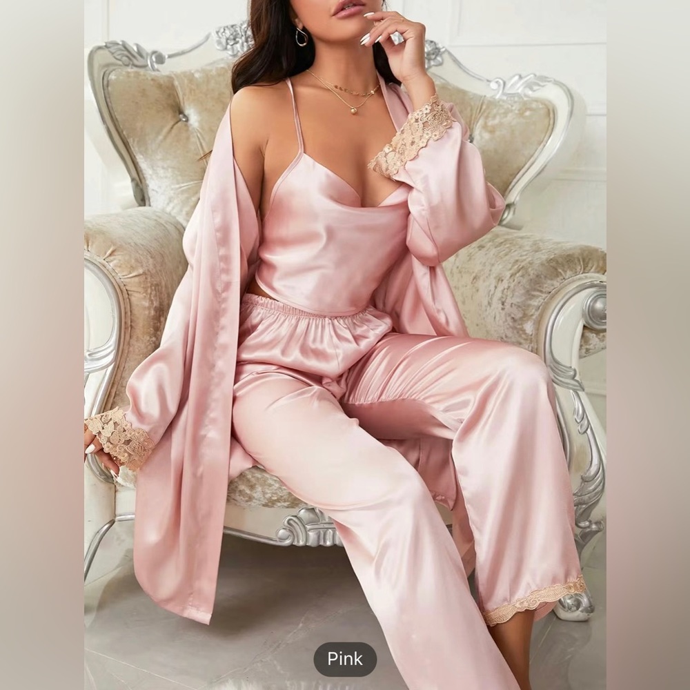 Blush Pink 3-piece Sets Silk Satin Cami Top & Pants With Robe Pajama Set - Picture 5 of 8